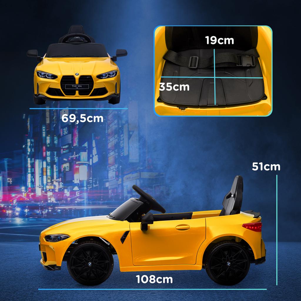 Electric Kids Car BMW M4, Sound & Light, 3-5 km/h, incl. Remote Control, for 3-5 Years, Yellow