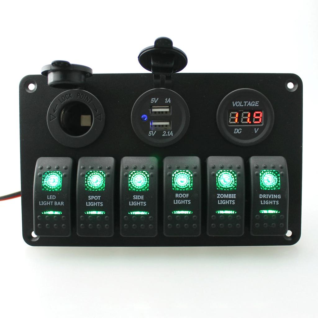 DC 12 V/24 V Car Marine Boat 6-Gang Waterproof Circuit Blue LED Rocker Switch Panel Breaker USB Charger Switches Relays