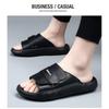 Mens Genuine Leather Slide Sandals Outdoor Slip-On Flat Shoes With Non-Slip Sole
