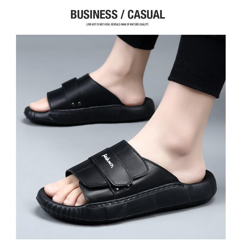 Mens Genuine Leather Slide Sandals Outdoor Slip-On Flat Shoes With Non-Slip Sole