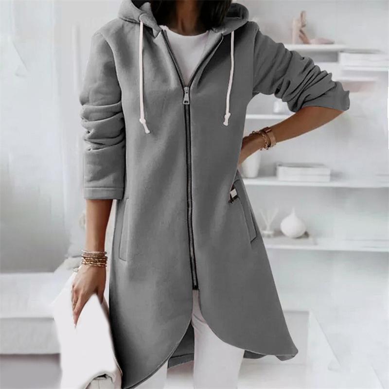Autumn Winter Women's Solid Hooded Coat Mid Length Loose Zipper Female Windbreaker Jacket New Outdoor Cardigan Outwear