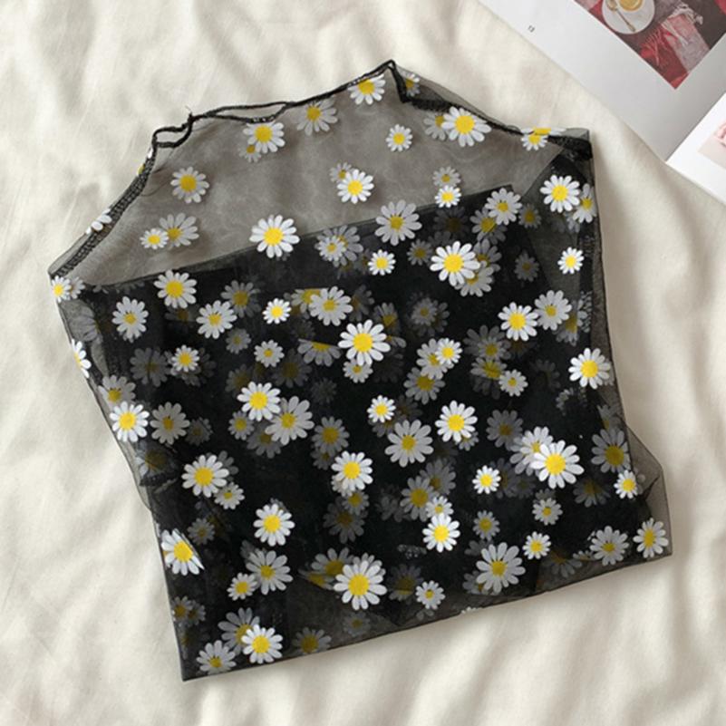 Тонкие женские укороченные топы с ромашковым узором, летние сетчатые топы, мягкая прозрачная футболка с круглым вырезом