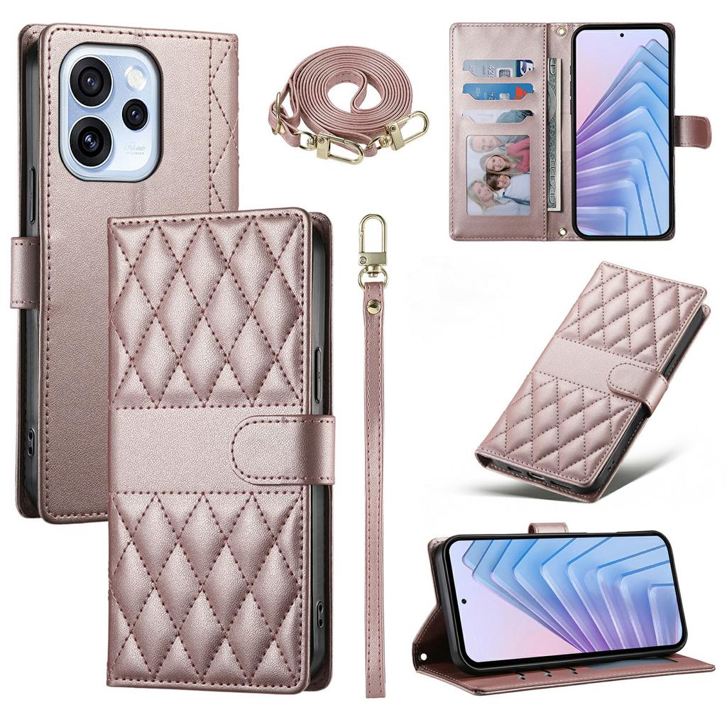 For Oppo Reno15 F 5G Wallet Case Rhombus Stitching Stand Leather Phone Cover with Long / Short Strap