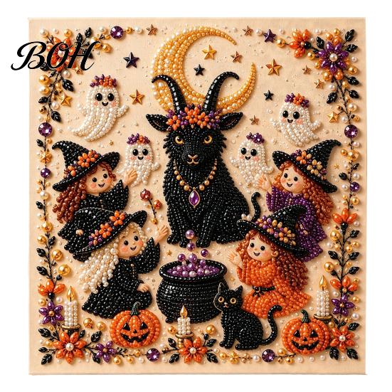 Fall Holiday Decoration Halloween Faux Pearl Art DIY Kit, 3D Bead Embroidery Craft Set, Spooky Handmade Ghost Pumpkin Goat Witch Wall Art, Seasonal