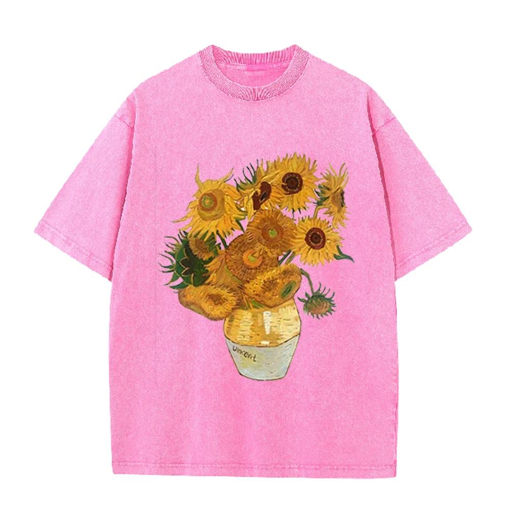 2026 Vintage Washed Black Van Gogh Sunflower Oil Painting Graphic T Shirt Retro Art Print Oversized Casual Short Sleeve Tee