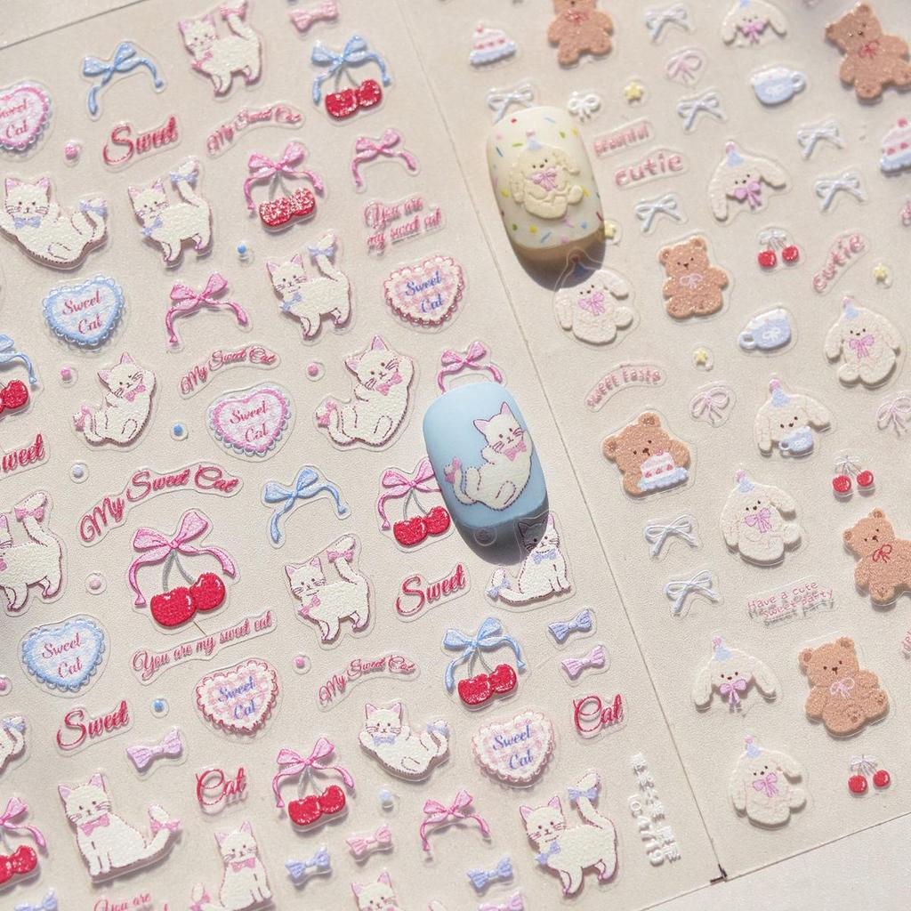 Наклейки для ногтей Graffiti Cute Cherry Cat & Bear - Самоклеящийся дизайн с бантом DIY