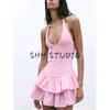 Spring and Summer Women Clothes Laminated Decorative Hem Patchwork Hanging Collar Fashion Sleeveless Short Dress 4174376