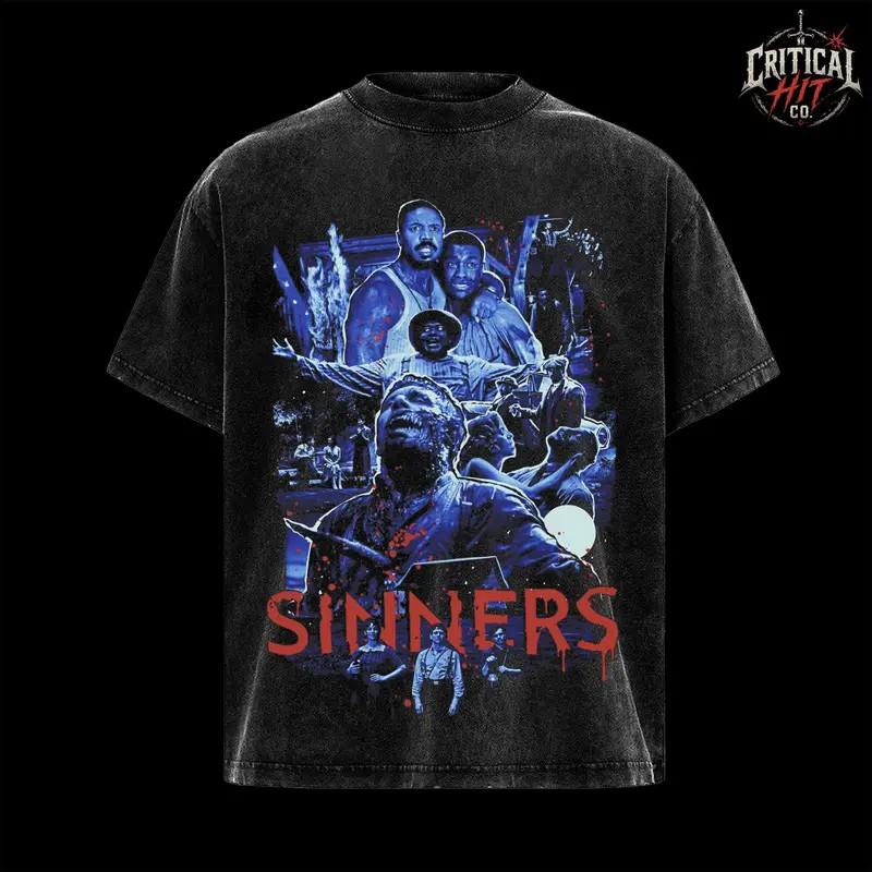 Винтажная стираная оверсайз футболка Sinners, футболка с узором в стиле хоррор-триллер -