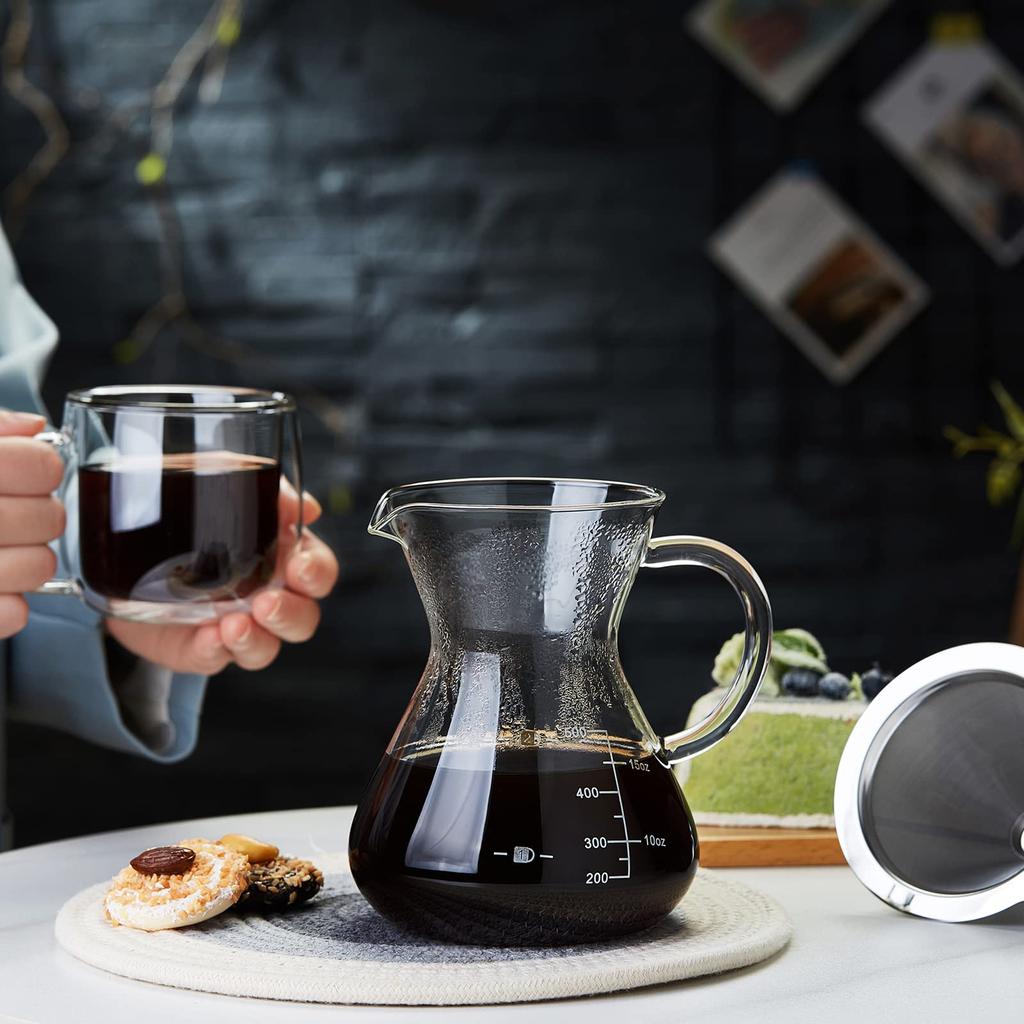 POKALOTEA Coffee Server, Drip Coffee Server, 500ml, No Paper Coffee Filter Required, Borosilicate Heat-Resistant Glass Pot and Reusable Stainless