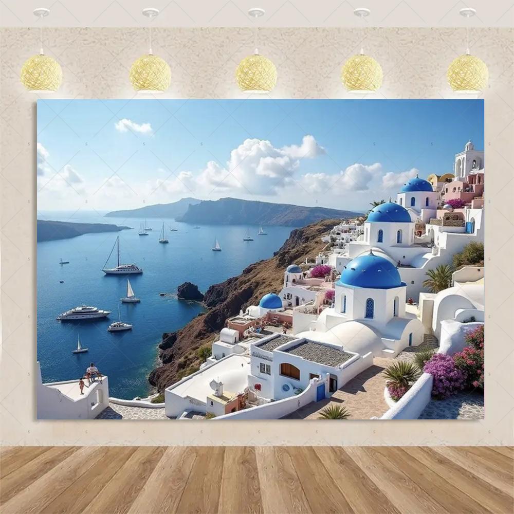 Nordic Greek Landscape Home Party Decorations Santorini Island Town Blue Dome Church Santorini Aegean Sea Photography Backdrop