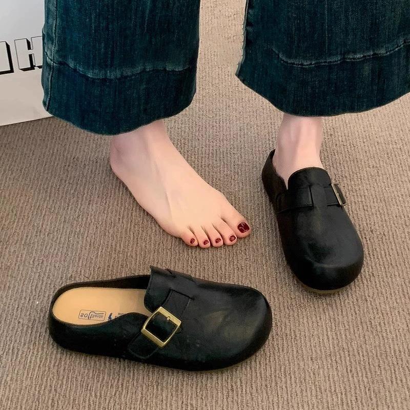 Boken Shoes Half Slippers Female Summer One Foot Lazy Person Single Shoes Toe Leather Cool Slippers