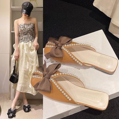 Модные сандалии с бантом на голову женская уличная обувь 2025 лето новинка интернет-знаменитость жемчуг плоская подошва дышащие полушлепанцы прилив
