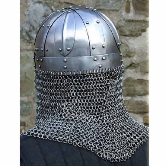 Реплика средневекового шлема викингов Боевой доспех 18G Стальной верх и кольчужная защита рта, шеи и груди
