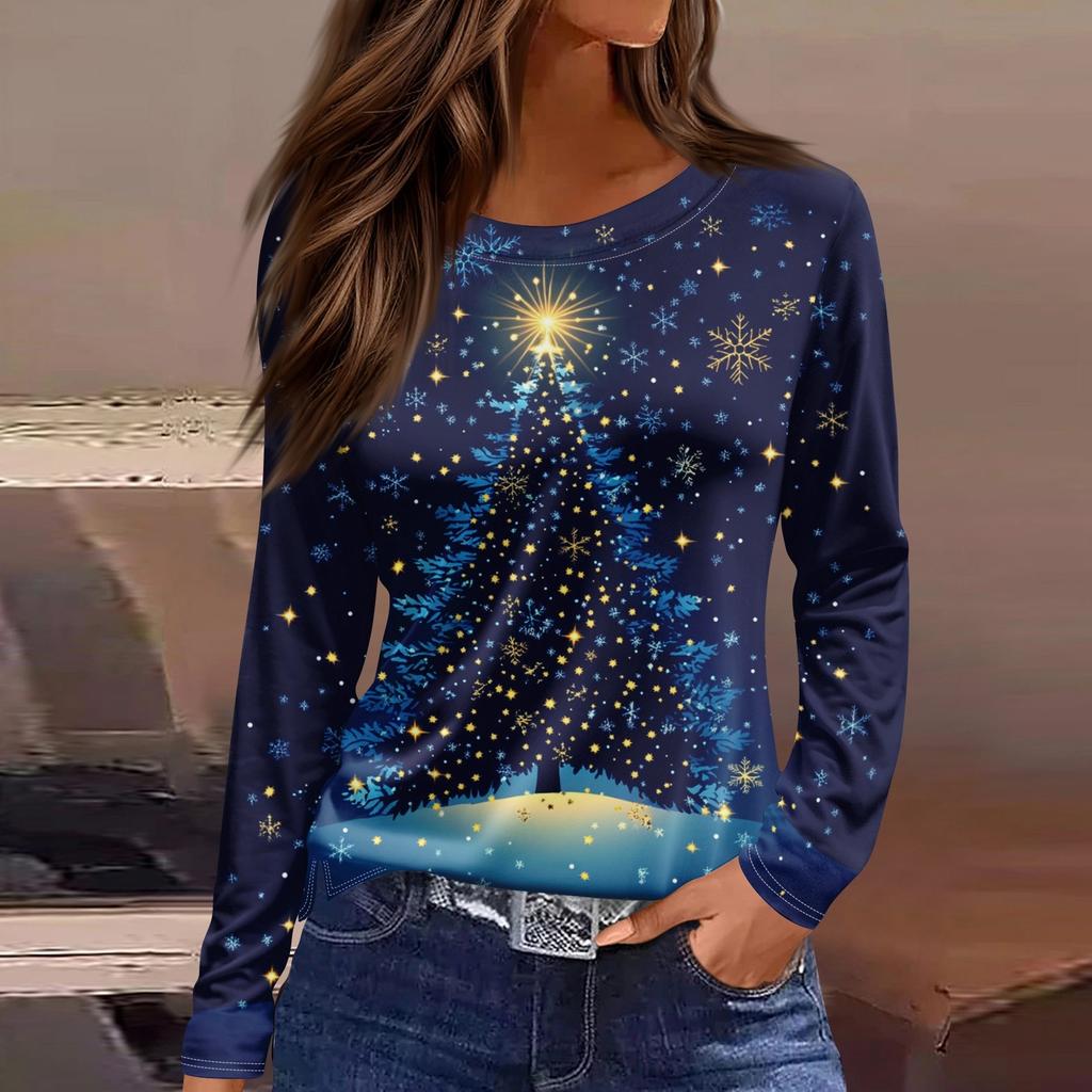 Женская модная повседневная футболка с разрезом и круглым вырезом, длинным рукавом, свободная, с принтом, женская футболка на Рождество