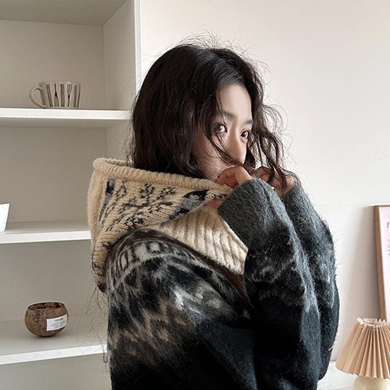 Корейская женская шапка-балаклава со снежинками и защитой шеи