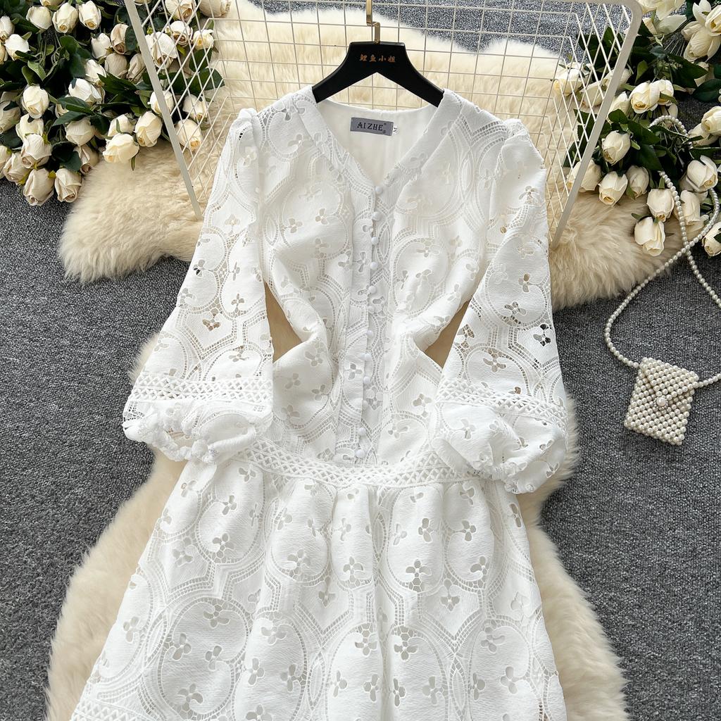 Весна-лето Женские V-образные вырезы с рукавами-фонариками Вышитые кружевные длинные макси вечерние платья