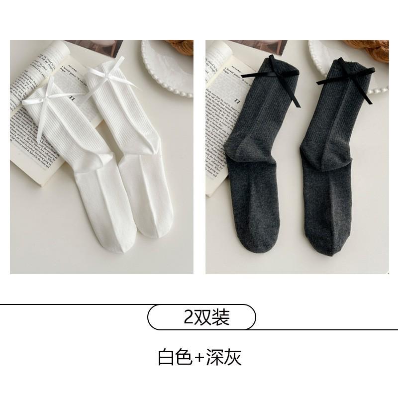 Womens Cotton Mid-Calf Socks With Bow Detail Japanese Style Ribbed Crew Soft Breathable Stackable Teens Young Adults