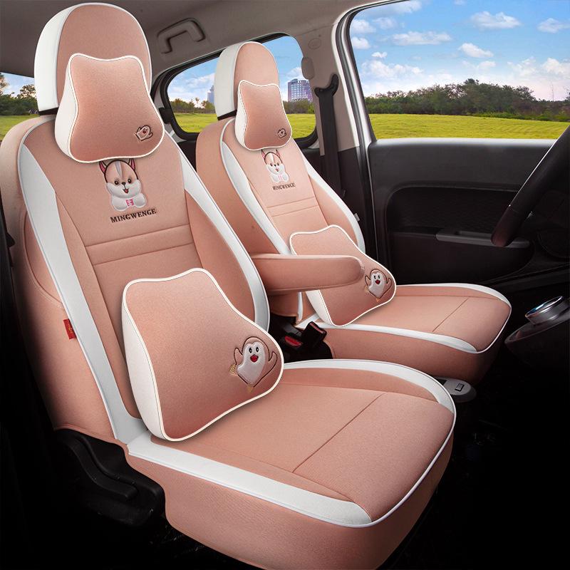 Great Wall ORA Cartoon Full Linen Four Seasons Seat Cushion for Five-Seat Electric Cars.