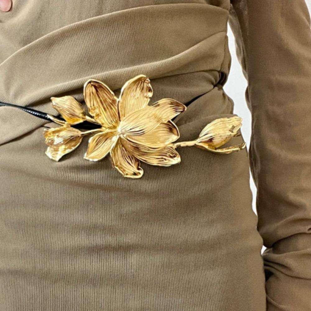 Large Zinc Zinc Alloy Flower Belt Elegant PU Leather Rope Belt Fashion Tulip Waist Chain Pants