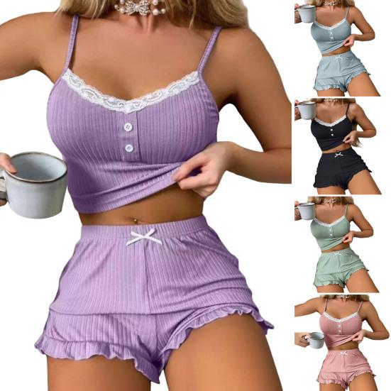 Женский сексуальный пижамный комплект из 2 предметов, ребристый кружевной топ на пуговицах, шорты с оборками по низу, комплект одежды для сна, летняя повседневная домашняя одежда