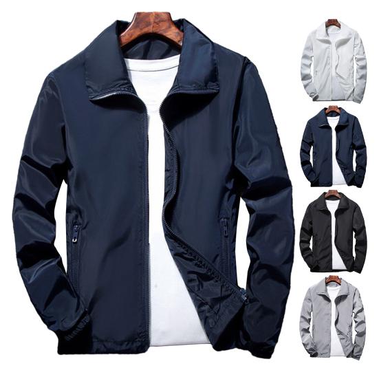 Мужская уличная ветровка с лацканами и длинным рукавом, однотонная куртка с карманами на молнии, весенне-осеннее пальто