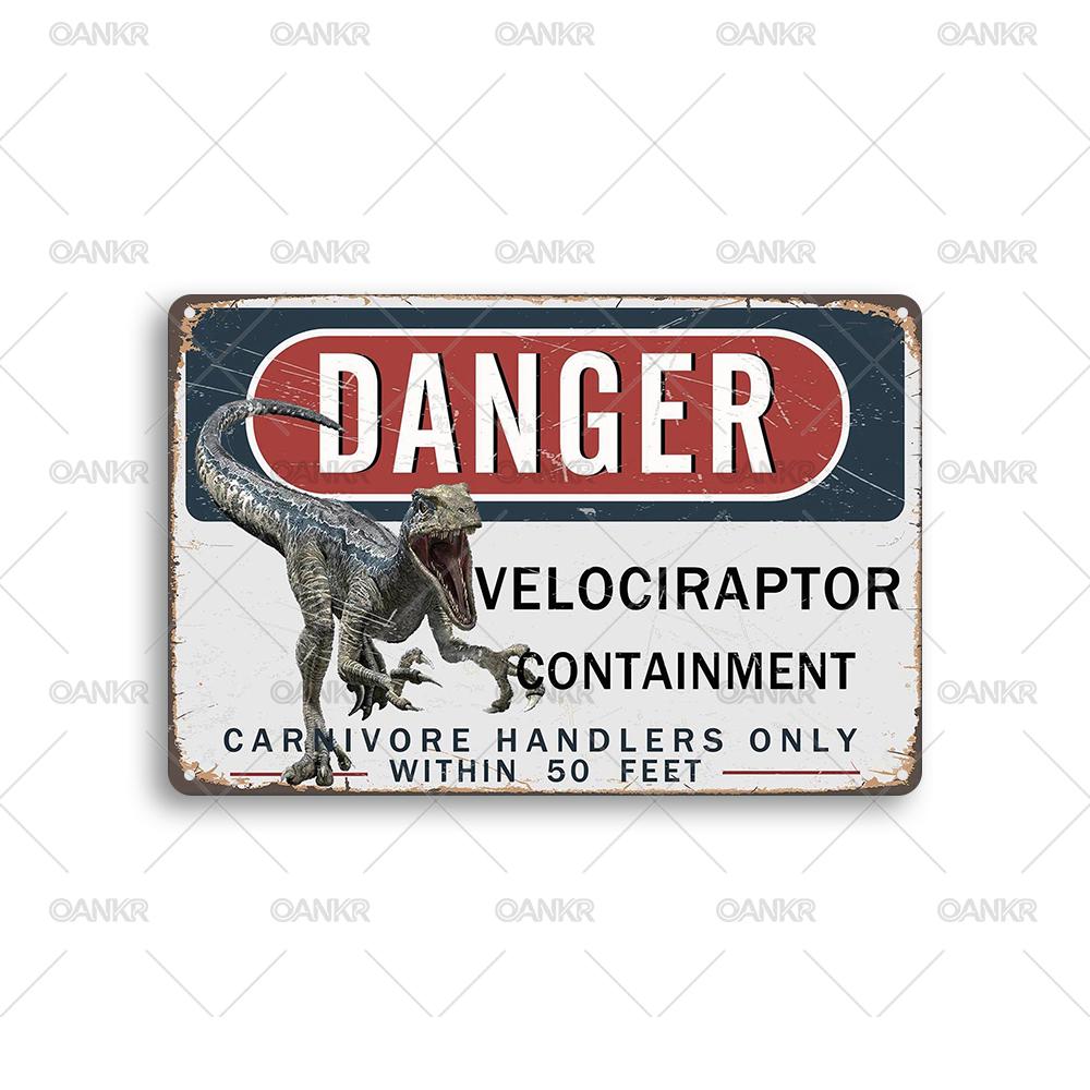 Vintage Warning Metal Tin Sign Danger Velociraptor Containment Retro Art Poster Metal Signs for Garden Farm Home Wall Decor