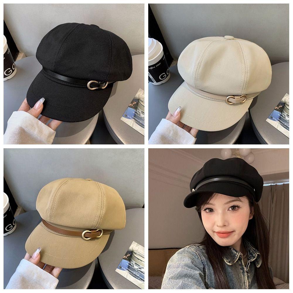 Newsboy Cap Octagonal Hat Leather Buckle Painter Hat Personality Black Beret  Girl