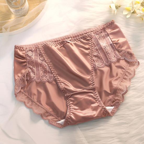 Smooth Satin See-through Lace Stitching Briefs Sexy Bowknot Decor Mid-rise Hip Lifting Breathable Thin Women Panties