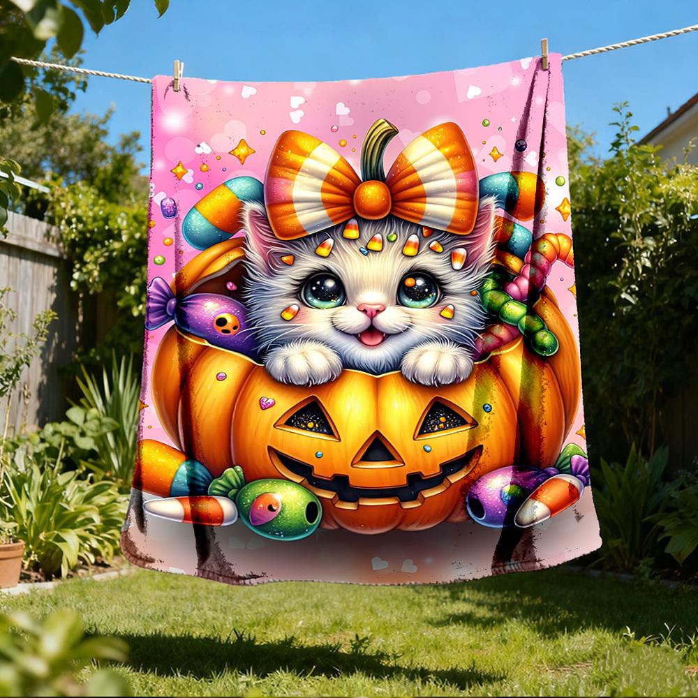 1pc Pumpkin Cat Candy Throw Blanket Polyester Fiber, Lightweight Flannel, Soft & Warm, All Season Use for Outdoor, Camping Digital Print