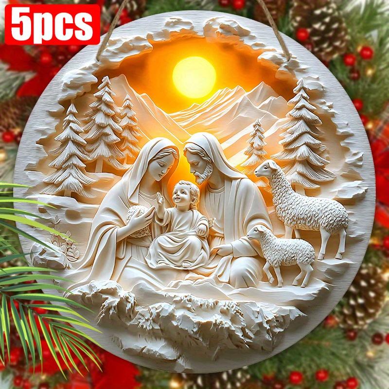 5 шт. Очаровательная деревянная настенная сцена Рождества Христова - 2D плоский рельефный дизайн Иисуса и потерянного ягненка, идеальный рождественский декор для дома и использования на открытом воздухе