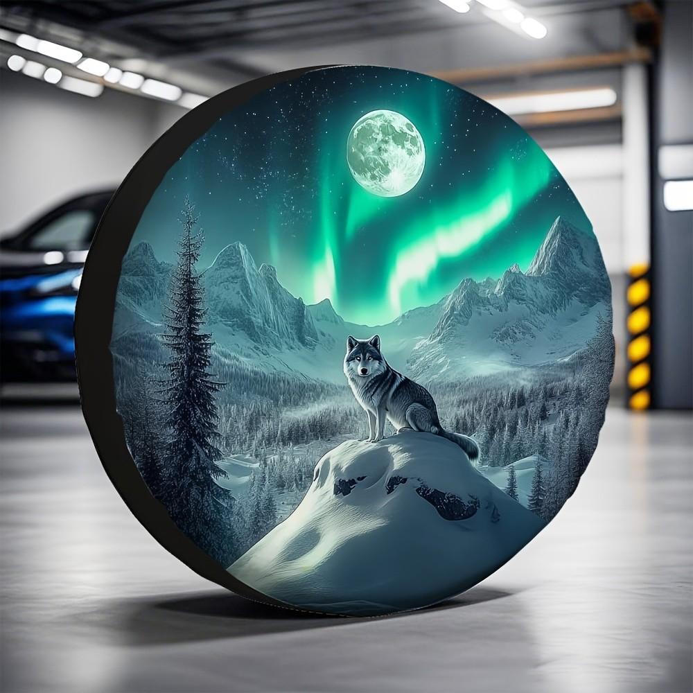 Wolf Aurora Borealis Spare Tire Cover Durable Polyester Waterproof Protector for SUV