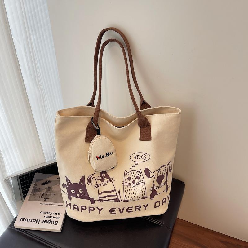 2025 Autumn New Korean Version Fashion Cartoon Canvas Bag Casual Commuting Simple Large Capacity Tote Bag Shoulder Bag