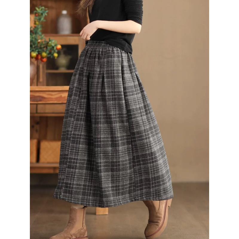 Юбка в клетку из пряжи, окрашенной в ретро-стиле, женская, осенне-зимняя, теплая, шерстяная, длинная, юбка в клетку средней и большой длины