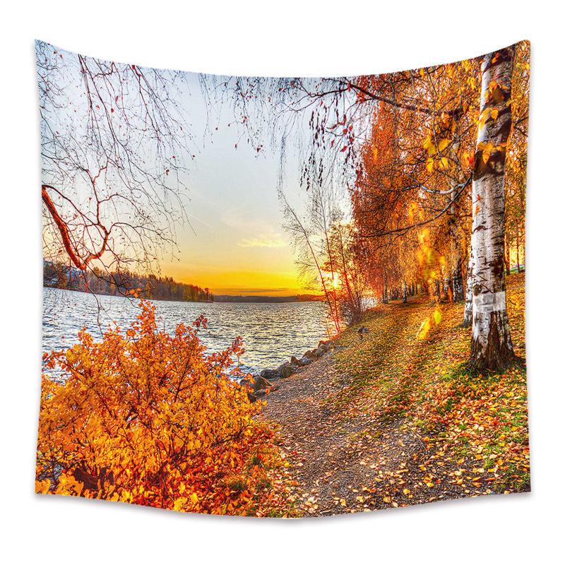 Autumn Yellow Forest Stream Landscape Print Pattern Tapestry Home Living Room Bedroom Wall Decor Background Cloth