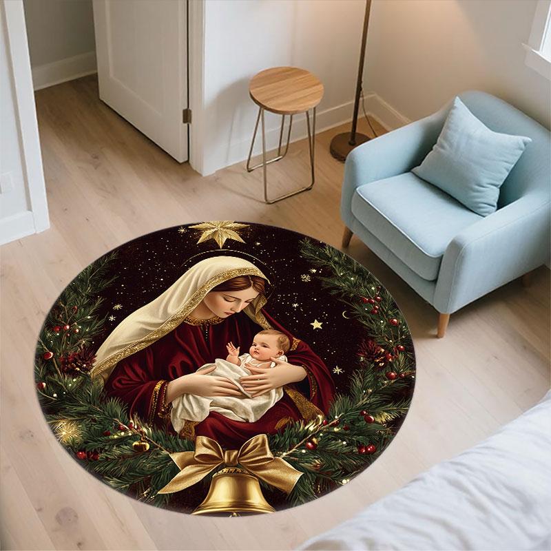 Virgin Mary & Jesus pattern round rug,Carpet Rug for Living Room Bedroom Playroom ,Non-slip Floor Mat,Holiday Gifts and Birthday Gifts.
