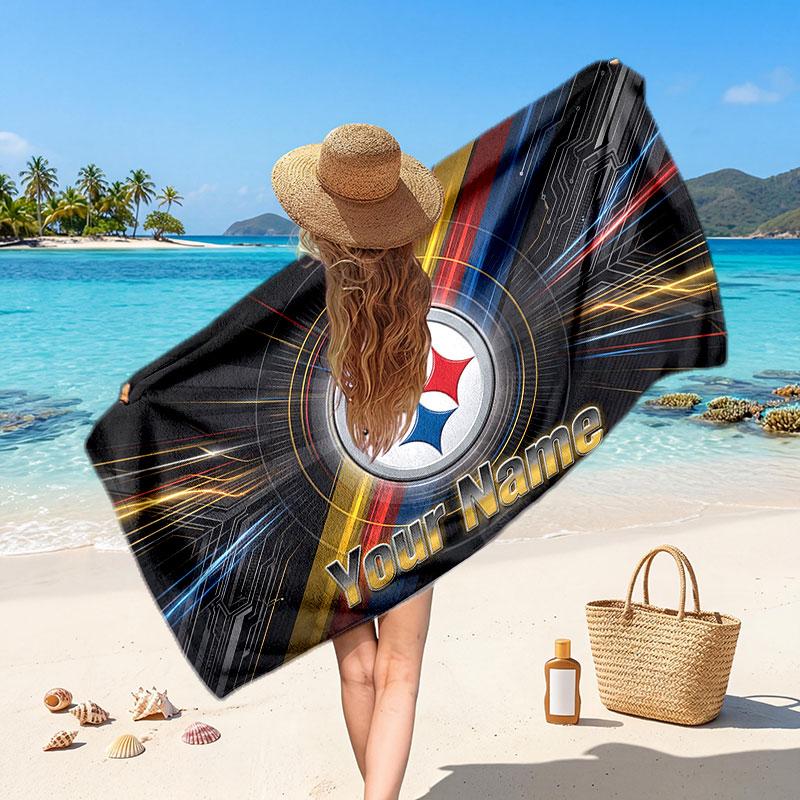 Pittsburgh Steelers Customized Name Text Beach Towel, Soft Absorbent Towel Beach Pool Travel Personal Gift
