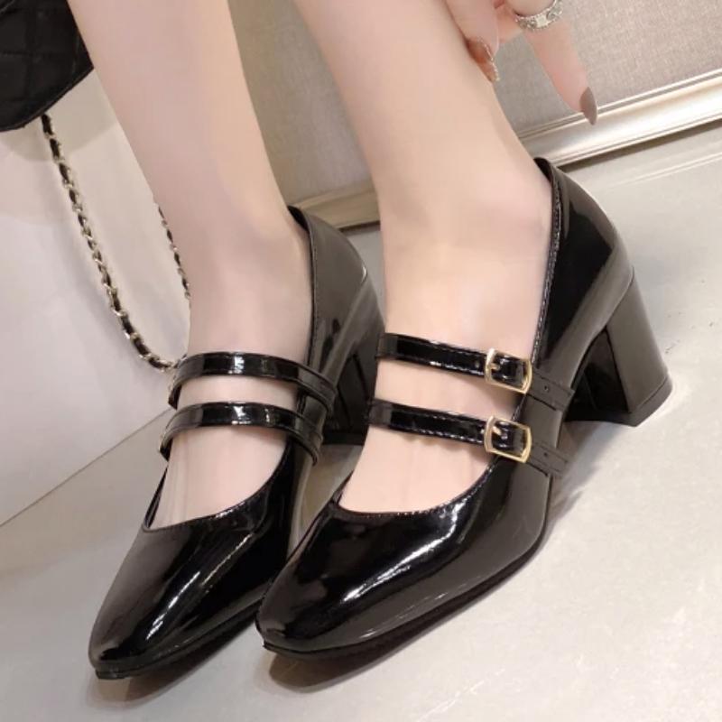 Распродажа модной женской обуви 2024 года, новые туфли-лодочки с открытой пяткой, женские туфли-лодочки, осенние туфли с квадратным носком, двойной пряжкой, неглубокие однотонные туфли на толстом каблуке