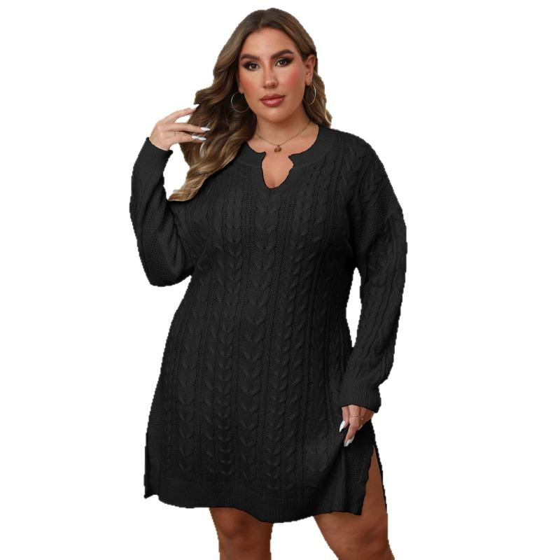 Plus Size Women S V Neck Solid Knit A Line Long Sleeve Dress