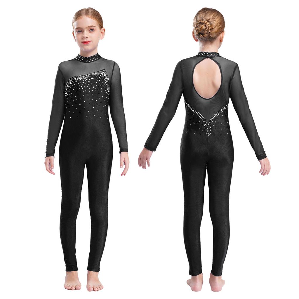 Детский цельный комбинезон с длинными рукавами для девочек, блестящий комбинезон со стразами, боди для танцев всего тела