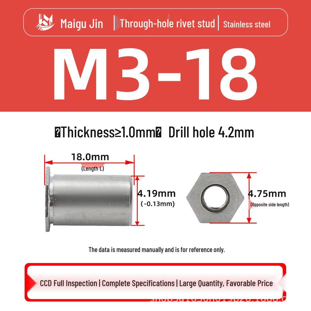 Нержавеющая сталь 304 SOS-M2/M2.5/M3/3.5M3 Заклепочная гайка-шпилька с плоской головкой и шестигранником