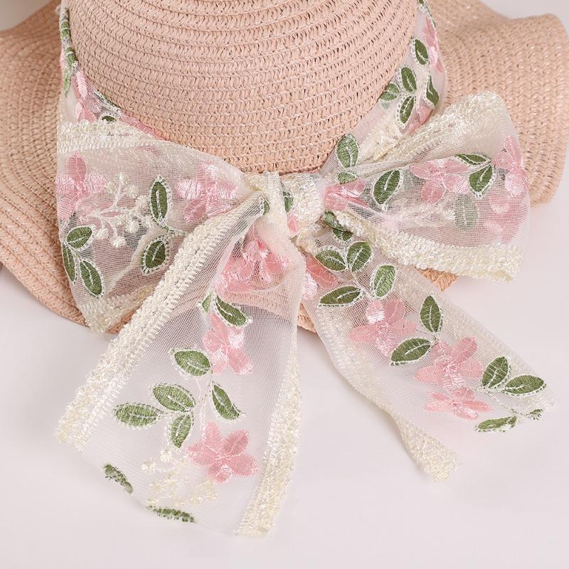 Горячая Распродажа Цветочное Кружево Лента Солнцезащитная Шляпа Морской Отпуск Бант Солнцезащитная Шляпа Волнистый Край Стильная Соломенная Шляпа