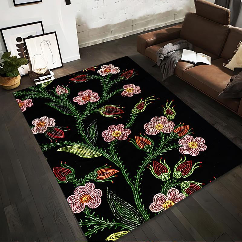 Colorful Floral Carpet with Dot Art Design on Black Background Suitable for use as an anti-slip for living room bedroom sofas