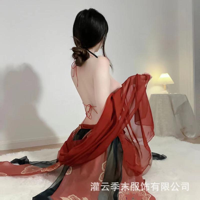 Sexy Underwear New Antique Dunhuang Feitian Exotic Hanfu Uniform Sexy Printing Perspective Belly Pocket Set
