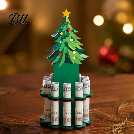 Holiday Decorative Centerpieces Wooden Christmas Money Holder Stand, Santa Snowman Tree Cash Unique Gift Ideas Clip Display, Festive Tabletop Ornament