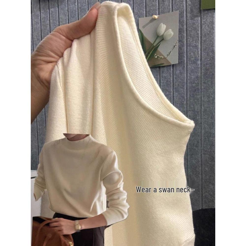 Autumn 2024 Women's Semi-High Neck Soft Sweater: Slim Fit Straight Shoulder Knit