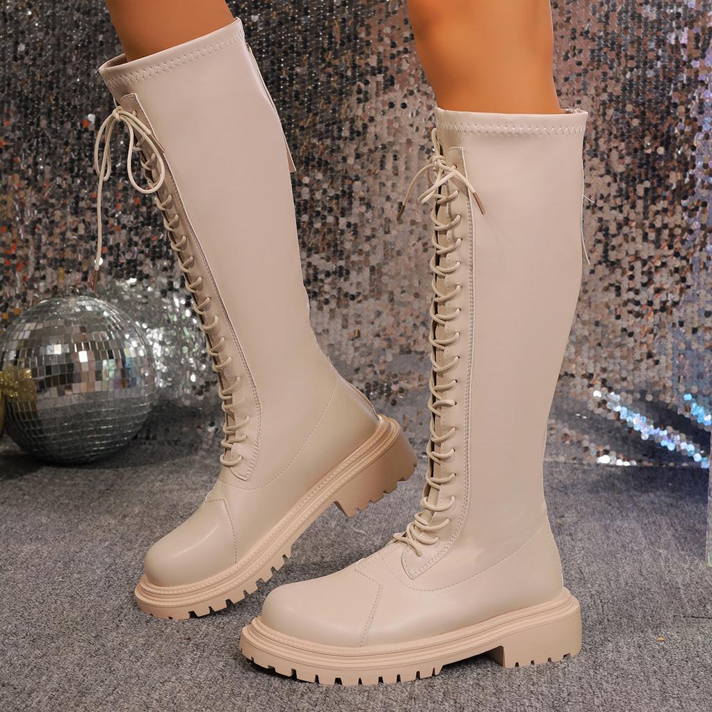 Fashion Fashion Platform Knee High Boots Women 2024 Autumn Lace Up Back Zipper Knight Boots Woman Black Faux Leather Long Botas Mujer