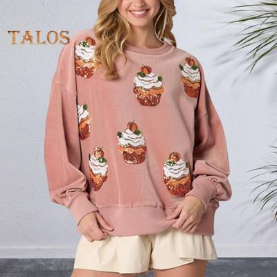 Женская толстовка с принтом кексов и пайеток, круглый вырез, свободные длинные рукава, повседневный топ на рождественскую тематику для новогодней вечеринки