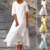 Women Midi Dress Round Neck Short Sleeve Multi-Layered Slit Hem Solid Color Dress Loose Fit Dress