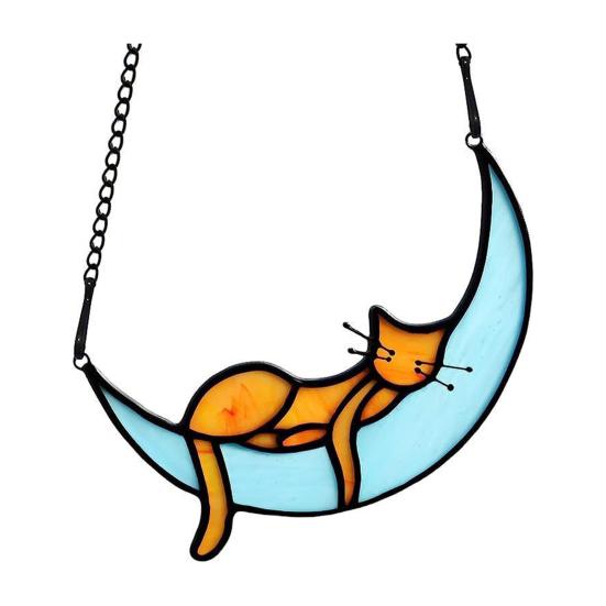 Cat On Moon Hanging Ornament Stained Glass Window Hanging Suncatcher Acrylic Panel Wall Art Memorial Gift for Women Wife Mom Cat Lovers