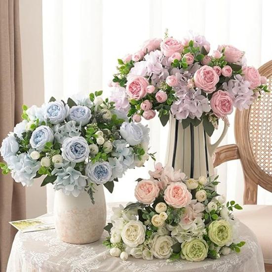 Букет из 5 искусственных пионов с бутонами, реалистичный цветок пиона из искусственного шелка со стеблем для свадьбы, свадебный букет, цветочная композиция, украшение стола